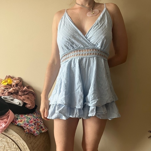 Halter Romper Ruffle Flounce Crochet Lace Cutout Hollow Out Textured Criss Cross - Picture 2 of 12